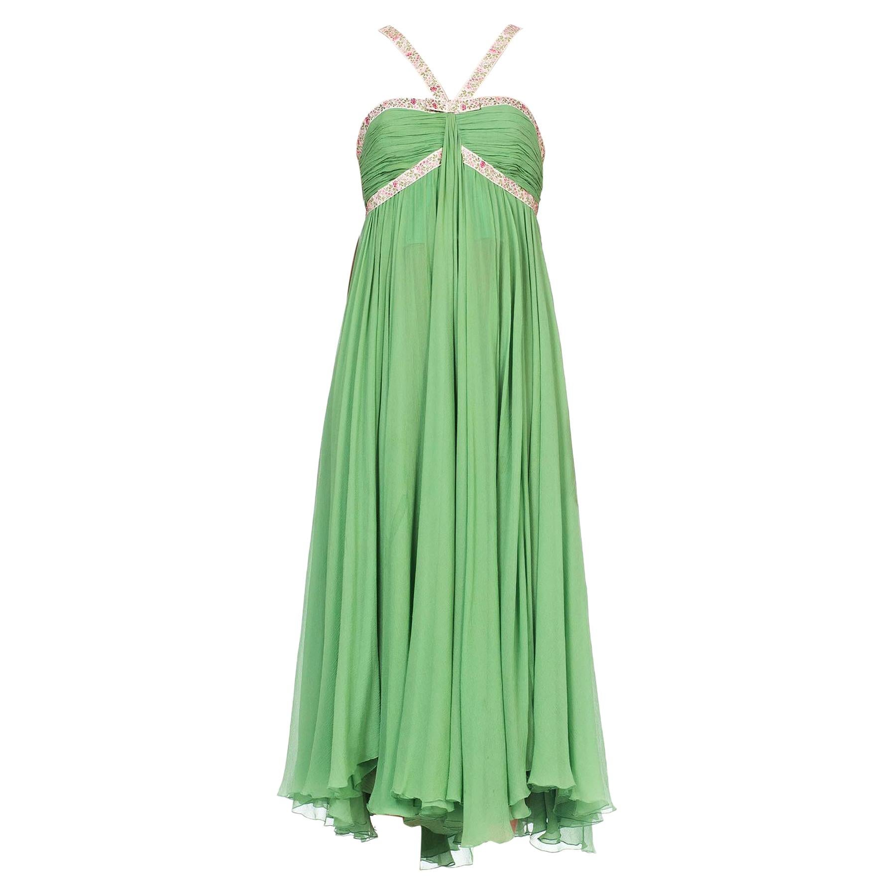 1960S Green Silk Mousseline Empire Waist Gown With Pink Floral Ribbon & Bows