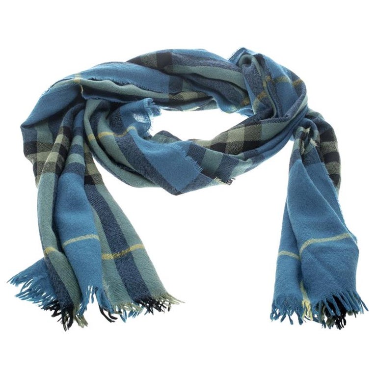 Burberry Blue Checked Fringed Edge Scarf at 1stDibs
