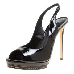 Casadei Black Patent Leather Peep Toe Platform Slingback Sandals Size 38.5