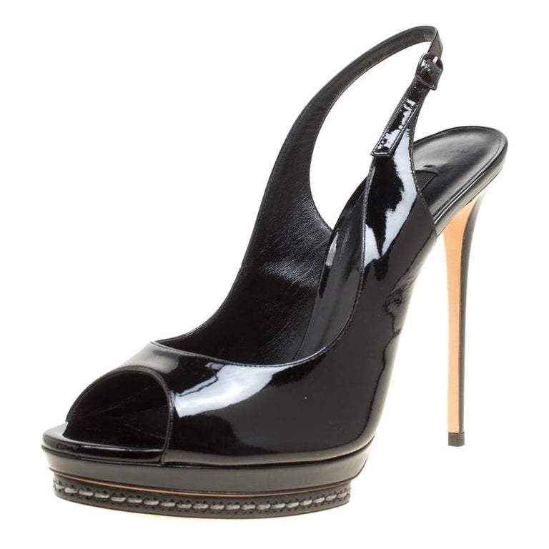Casadei Black Patent Leather Peep Toe Platform Slingback Sandals Size ...