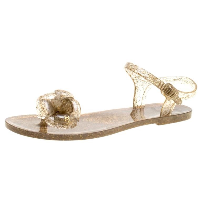Chanel Beige Jelly Camellia Flower Sandals Size 39 For Sale at 1stDibs