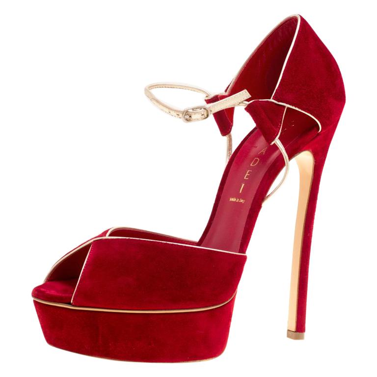 Casadei Red Suede Peep Toe Ankle Strap Platform Sandals Size 39