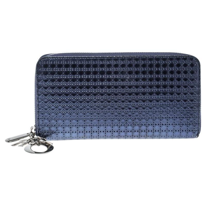 Dior Metallic Blue Patent Leather Lady Dior Zip Around Wallet