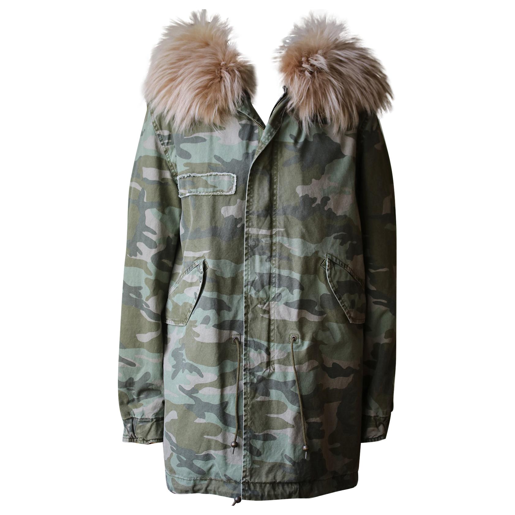 Mr and Mrs Italy Raccoon Fur Trimmed Camo Parka Jacket
