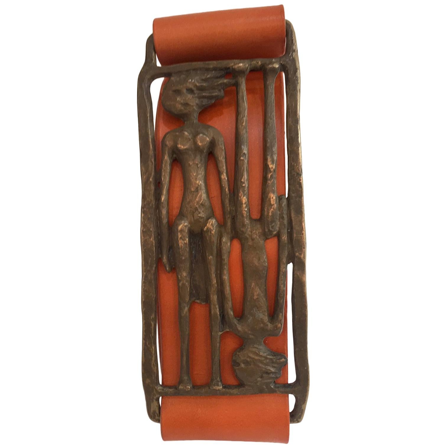 One-of-a-Kind Adam and Eve Bronze Buckle Hermes style Orange Leather Belt