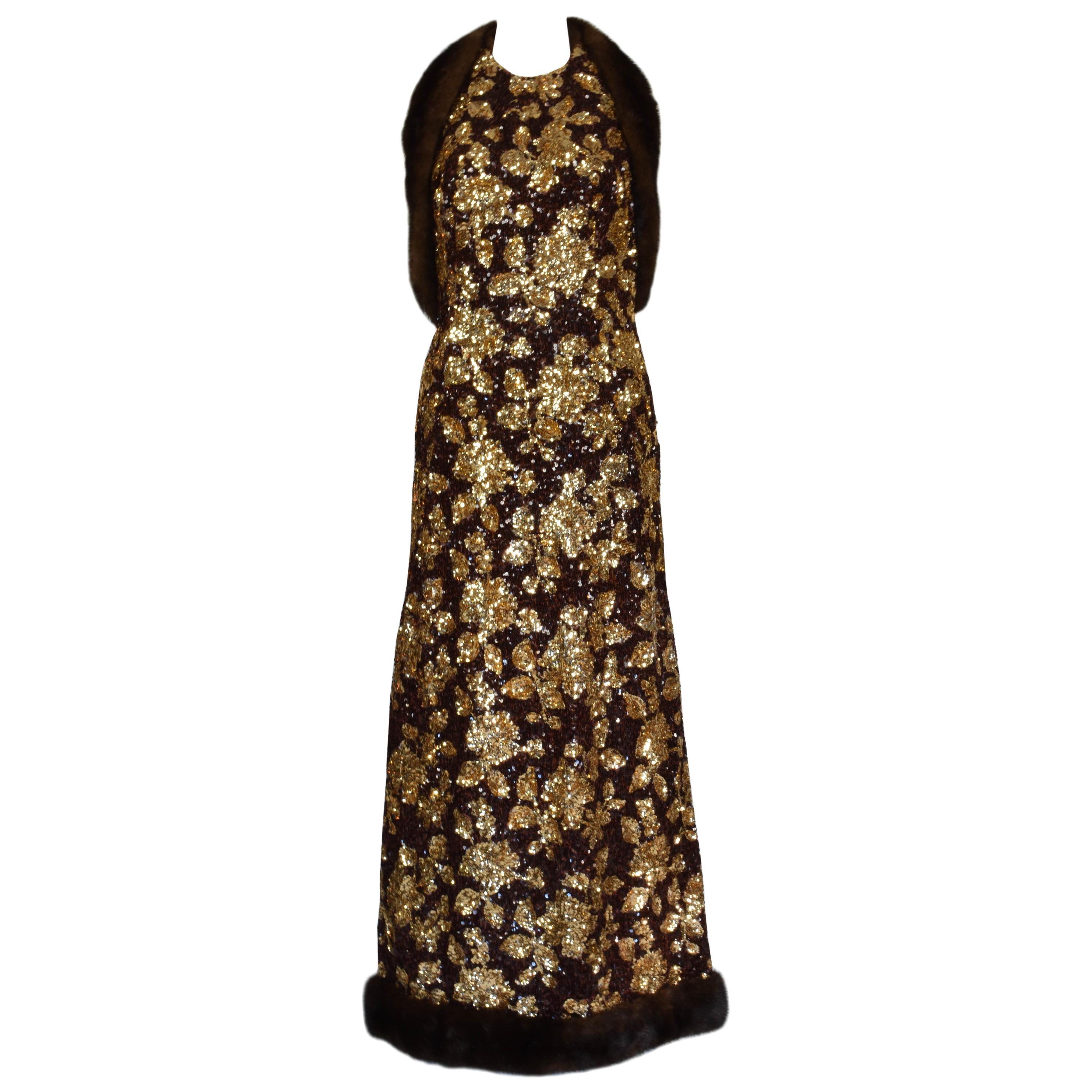 1960's Haute Couture Jacques Heim Sequin Fur Trimmed Evening Gown For Sale