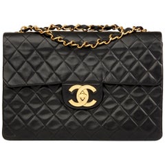 1991 Chanel Negro Piel de cordero acolchada Vintage Maxi Jumbo XL Bolso con solapa
