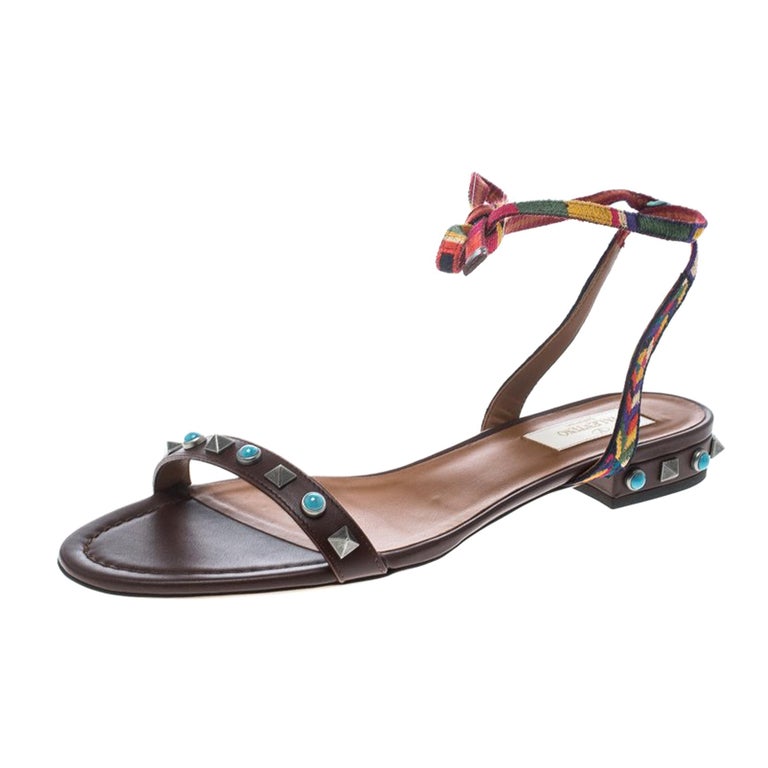 Valentino Brown Leather Rockstud Rolling Ankle Wrap Flat Sandals Size ...