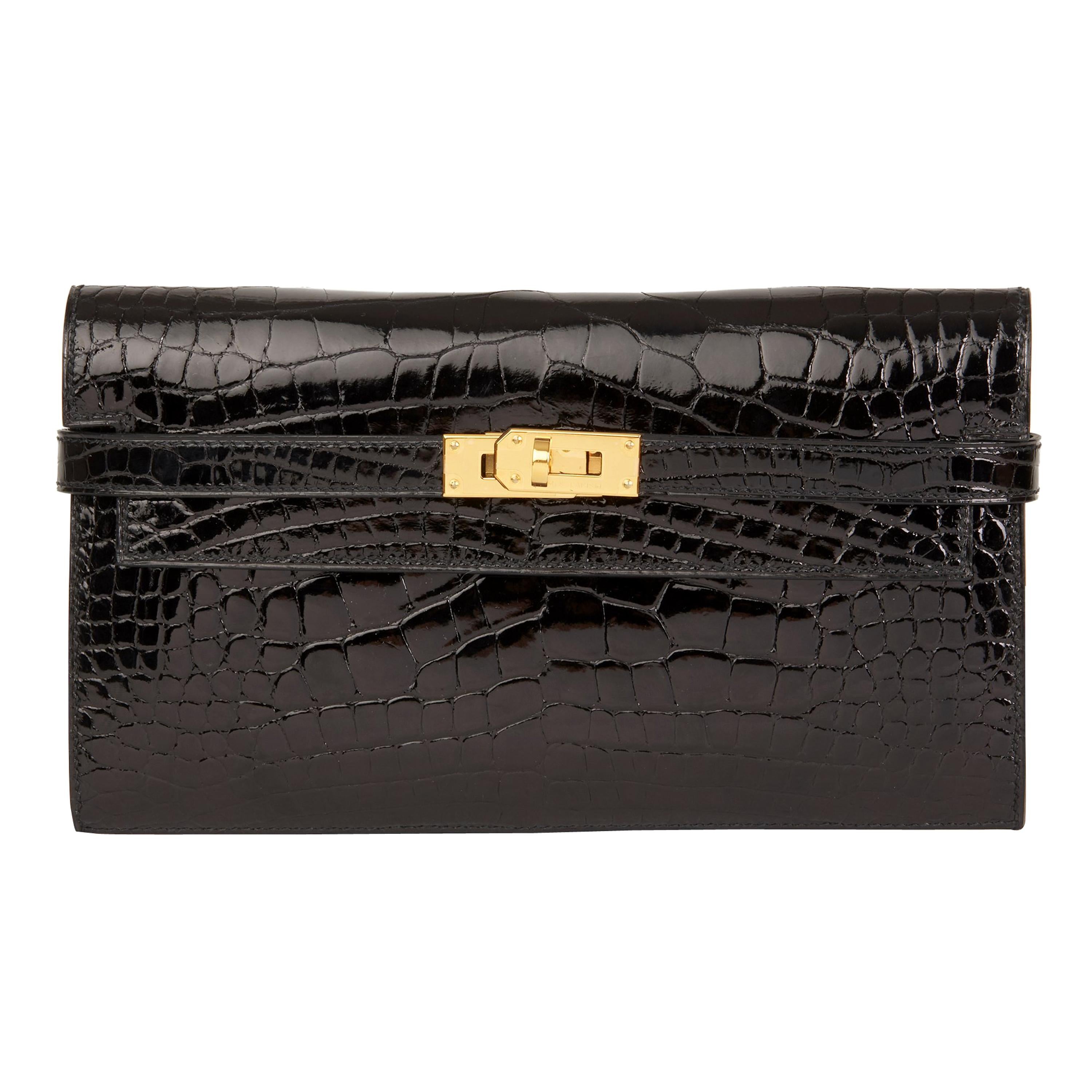2017 Hermès Black Shiny Mississippiensis Alligator Leather Kelly Long Wallet 