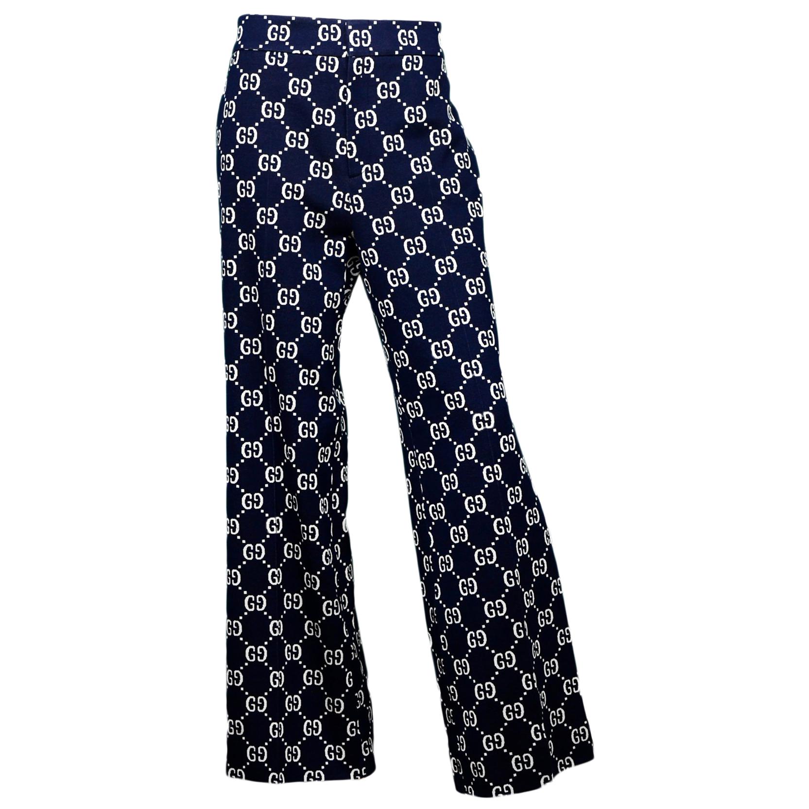 Gucci Navy Cotton Jacquard GG Monogram Flared Pants NWT Sz IT48/US12 ...