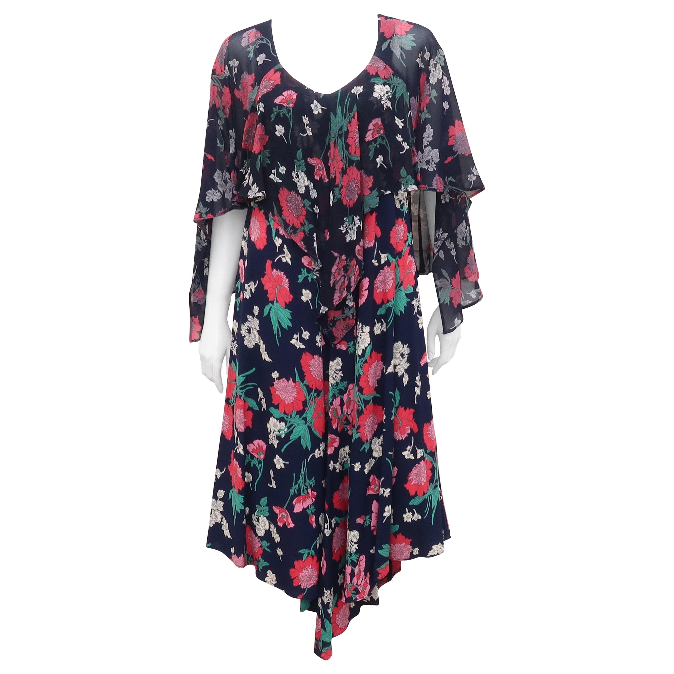 Early Nicole Miller 1970's Floral Bohemian Dress With Overlay 