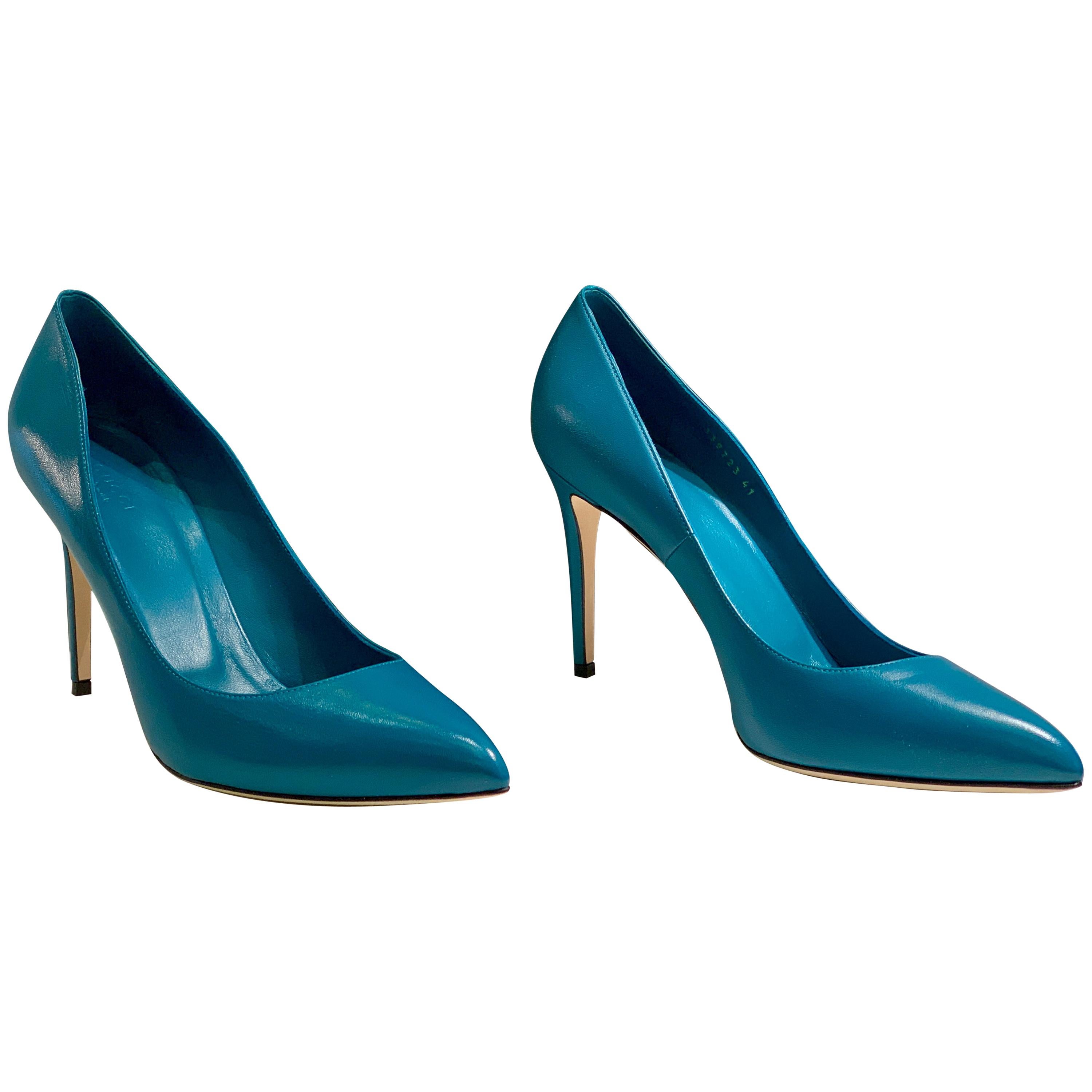 Ladies Gucci Deep Cobalt 4" Malaga Kid High Pumps Shoes Size 41 Made in Italy For Sale