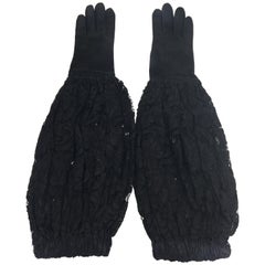 Vintage Dior Black Suede and Lace Blouson Elbow Length Glove 