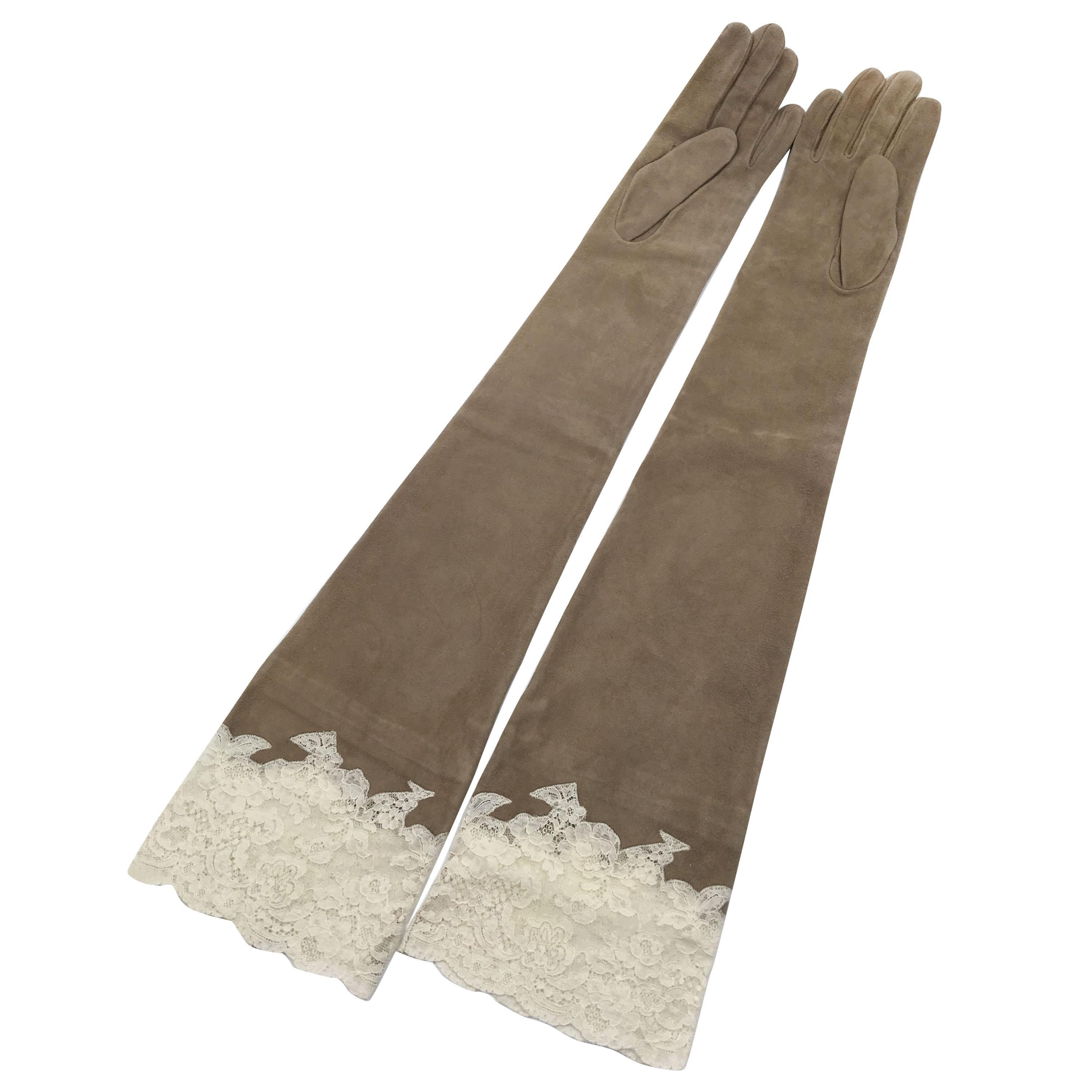 Christian Dior Tan Suede and Lace Trimmed Elbow Length Gloves NWT For Sale