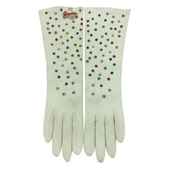 Vintage Schiaparelli by Fownes Cream Gloves w Hand Sewn Beaded Rhinestones Orignal tag