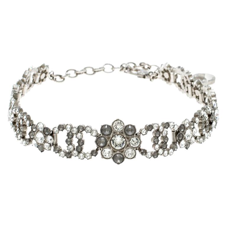 Chanel CC Flower Crystal Embellished Silver Tone Choker Necklace