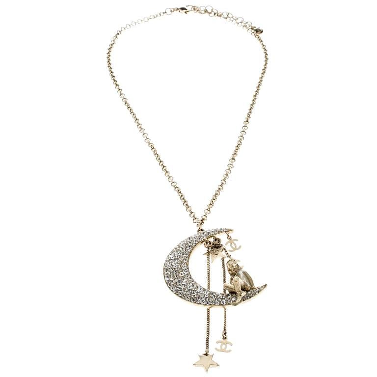 Chanel Moon Crystal Gold Tone Tassel Pendant Necklace