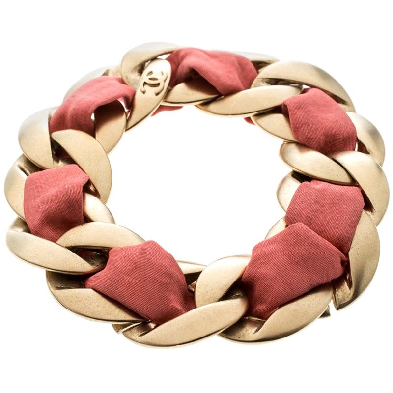 Chanel Pink Fabric Gold Tone Chain Link Bracelet