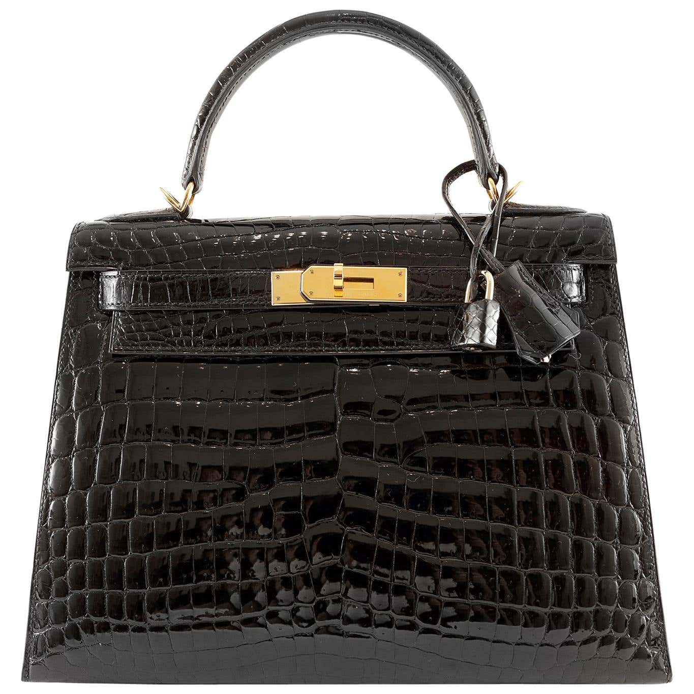 Hermès 28 cm Black Shiny Niloticus Crocodile Kelly Bag at 1stDibs ...