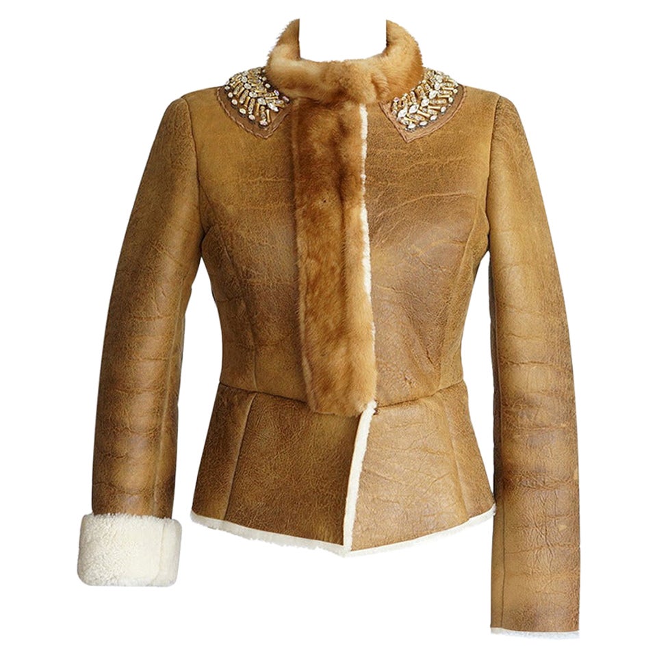 Prada Jacket Distressed Shearling Mink Trim and Jeweled Collar 40 / 6 For Sale