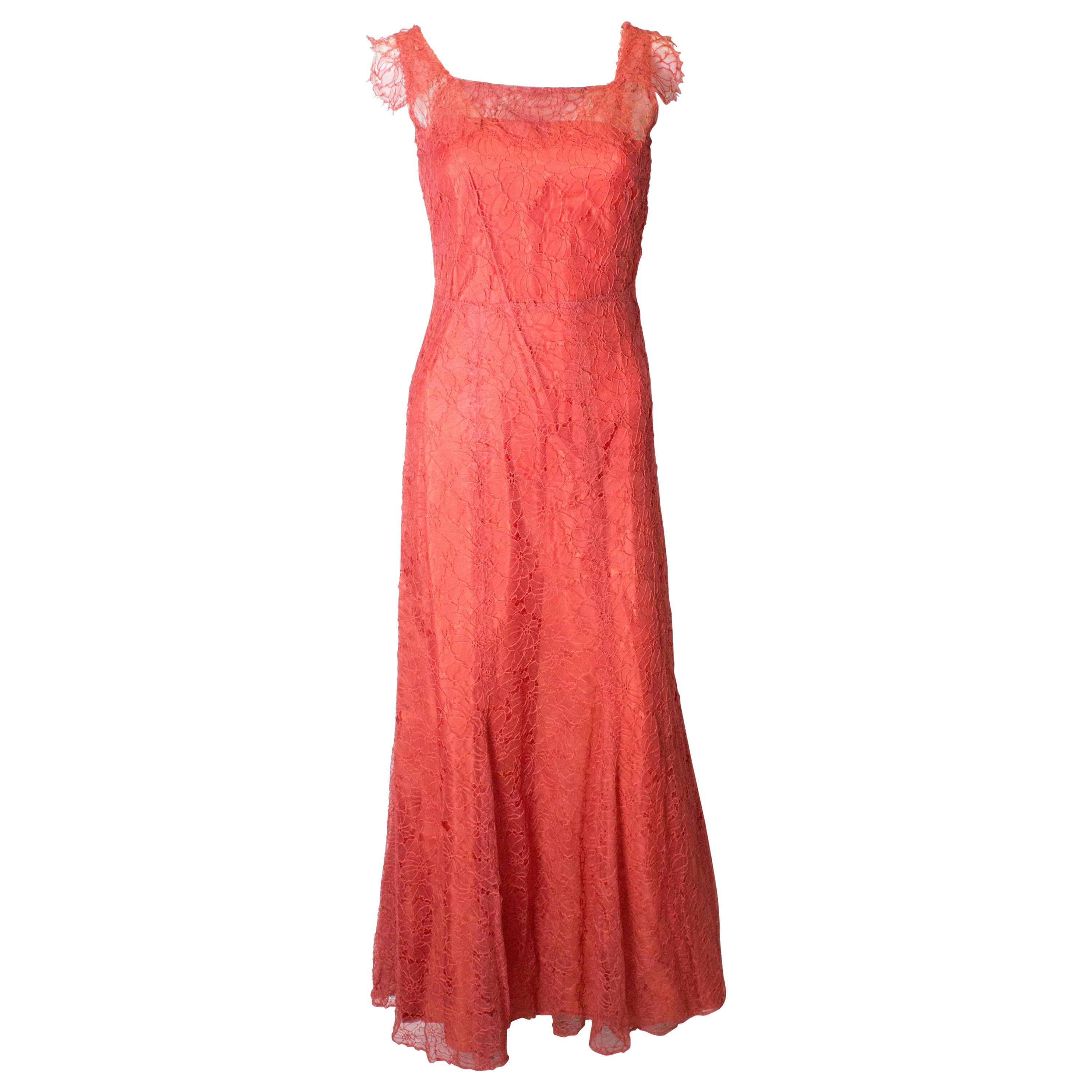 Vintage Rose Pink Lace Gown For Sale