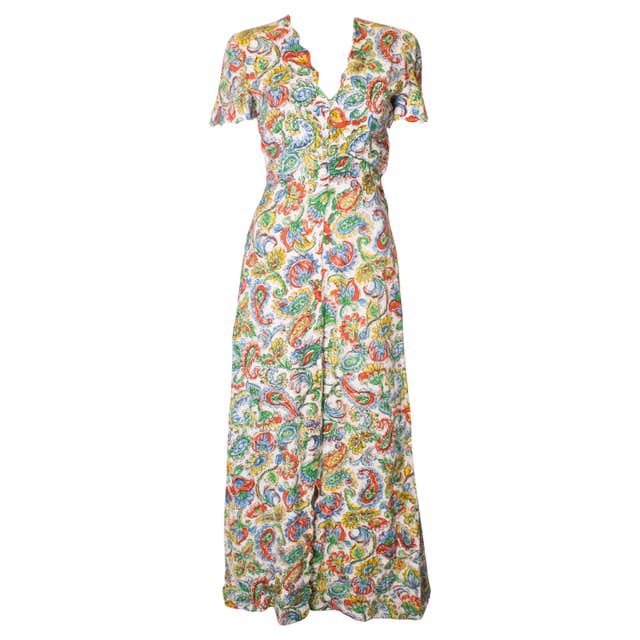 Vintage 1940s Linen Print Dress at 1stDibs