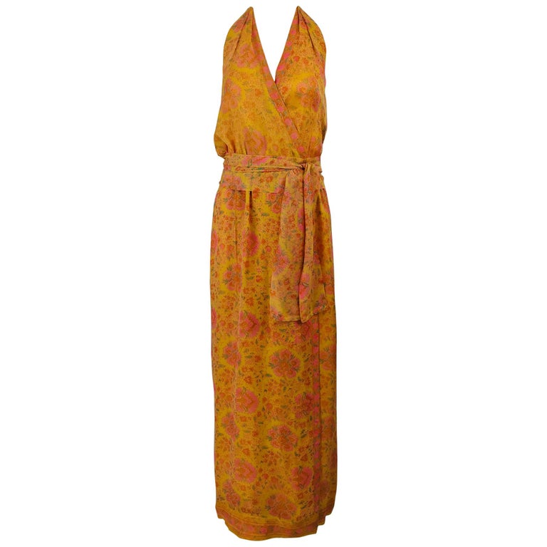 Treacy Lowe London Floral Silk Print Halter Maxi Dress 1970s at 1stDibs