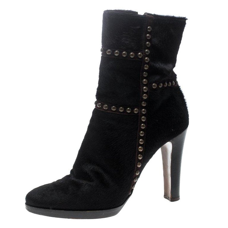 Le Silla Brown Calf Hair Stud Trim Ankle Boots Size 37 For Sale at 1stDibs