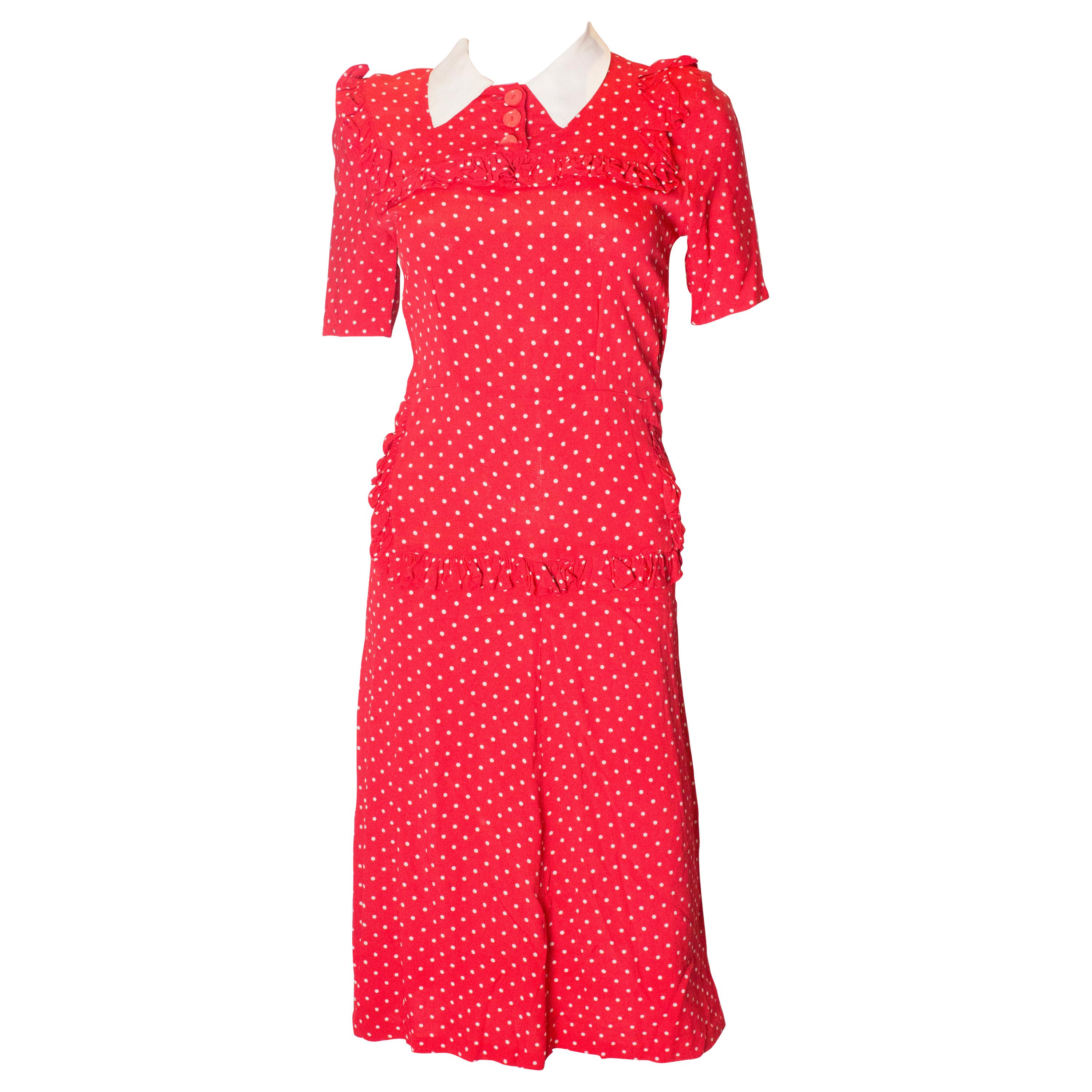 Vintage 1940s Red Polka Dot Dress with Frill Trim