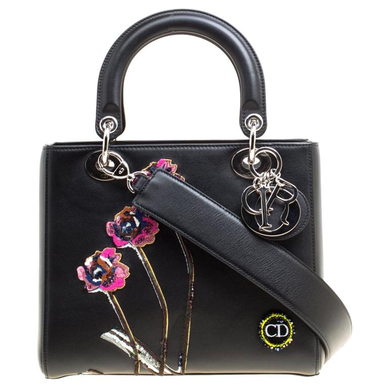 Dior Black Leather Flower Embroidered Medium Lady Dior Tote For Sale at ...