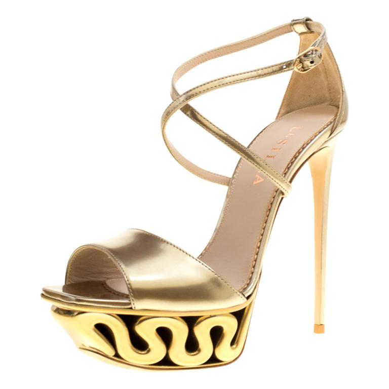 Le Silla Metallic Gold Leather Venus Cross Strap Platform Sandals Size ...