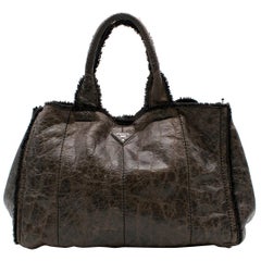 Prada Brown Leather Shearling Tote Bag 