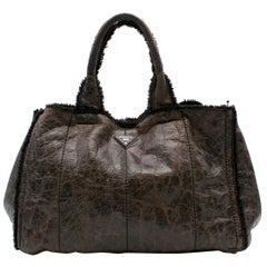 Prada Brown Leather Shearling Tote Bag