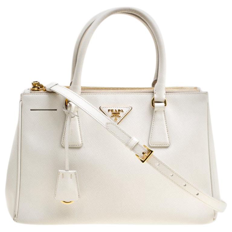 Prada White Saffiano Lux Leather Medium Double Zip Tote For Sale at 1stdibs