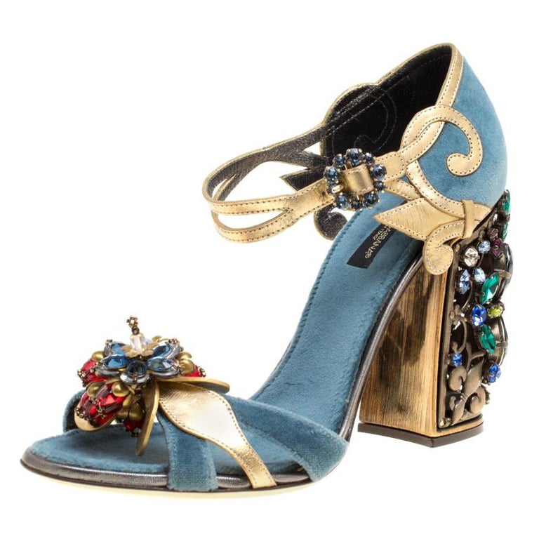 Dolce and Gabbana Blue Gold Crystal Embellished Heel Ankle Strap ...