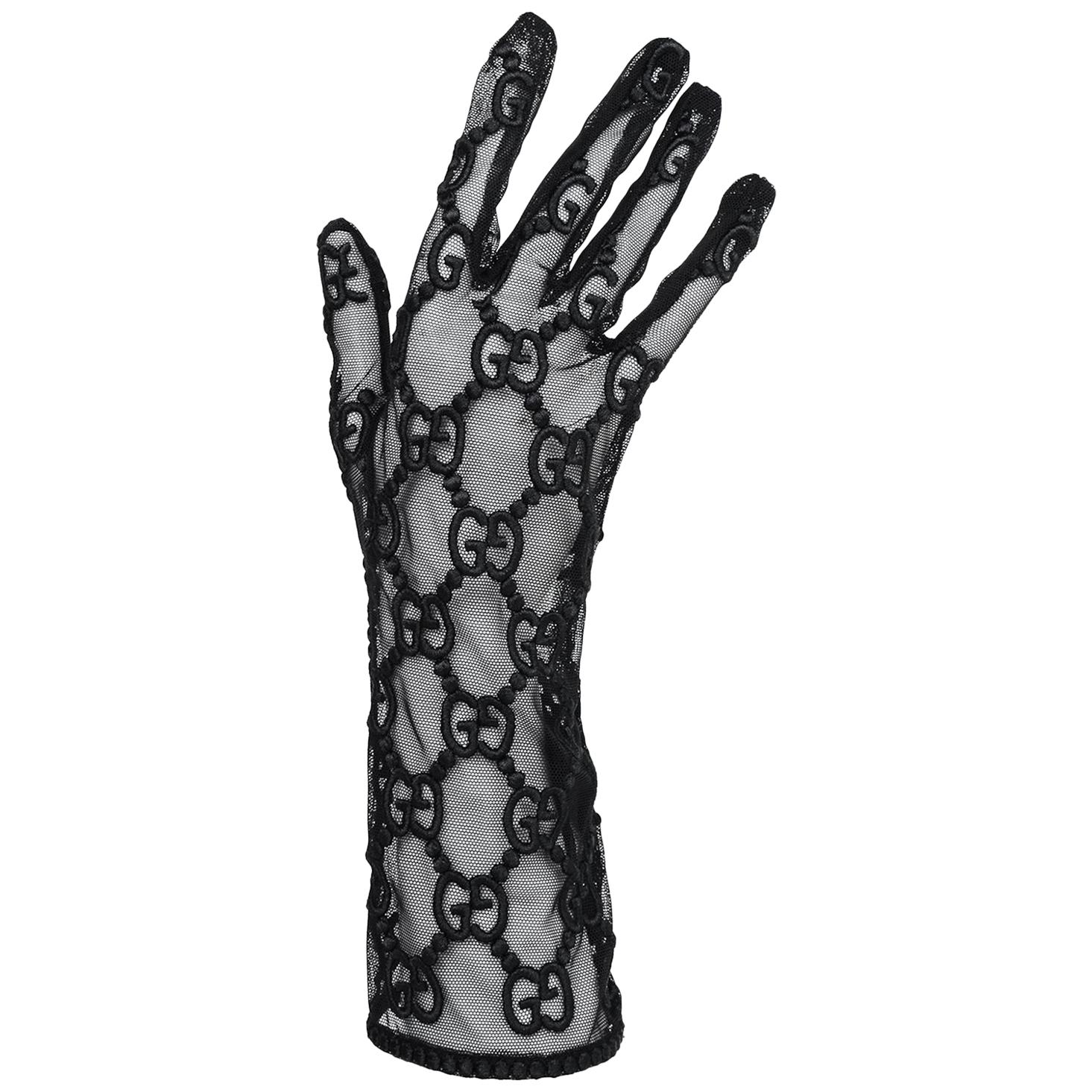 Gucci NWT Black Tulle Gloves W/ GG Monogram Motif Sz 8.5 (L)