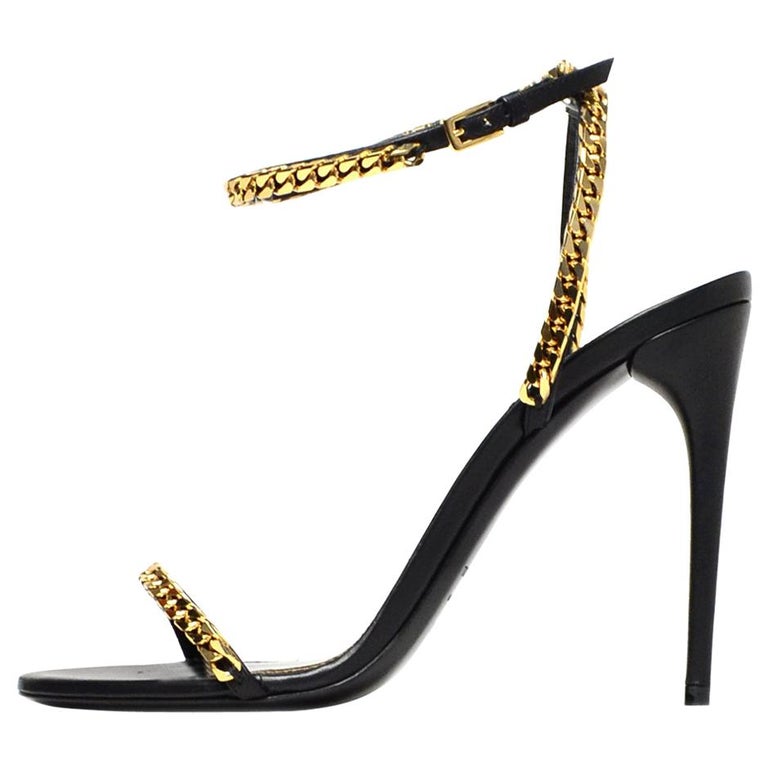 Tom Ford NEW Black Leather/Gold Chain Sandal Sz 39.5 For Sale at 1stDibs |  black sandals with gold chain, tom ford gold chain sandals