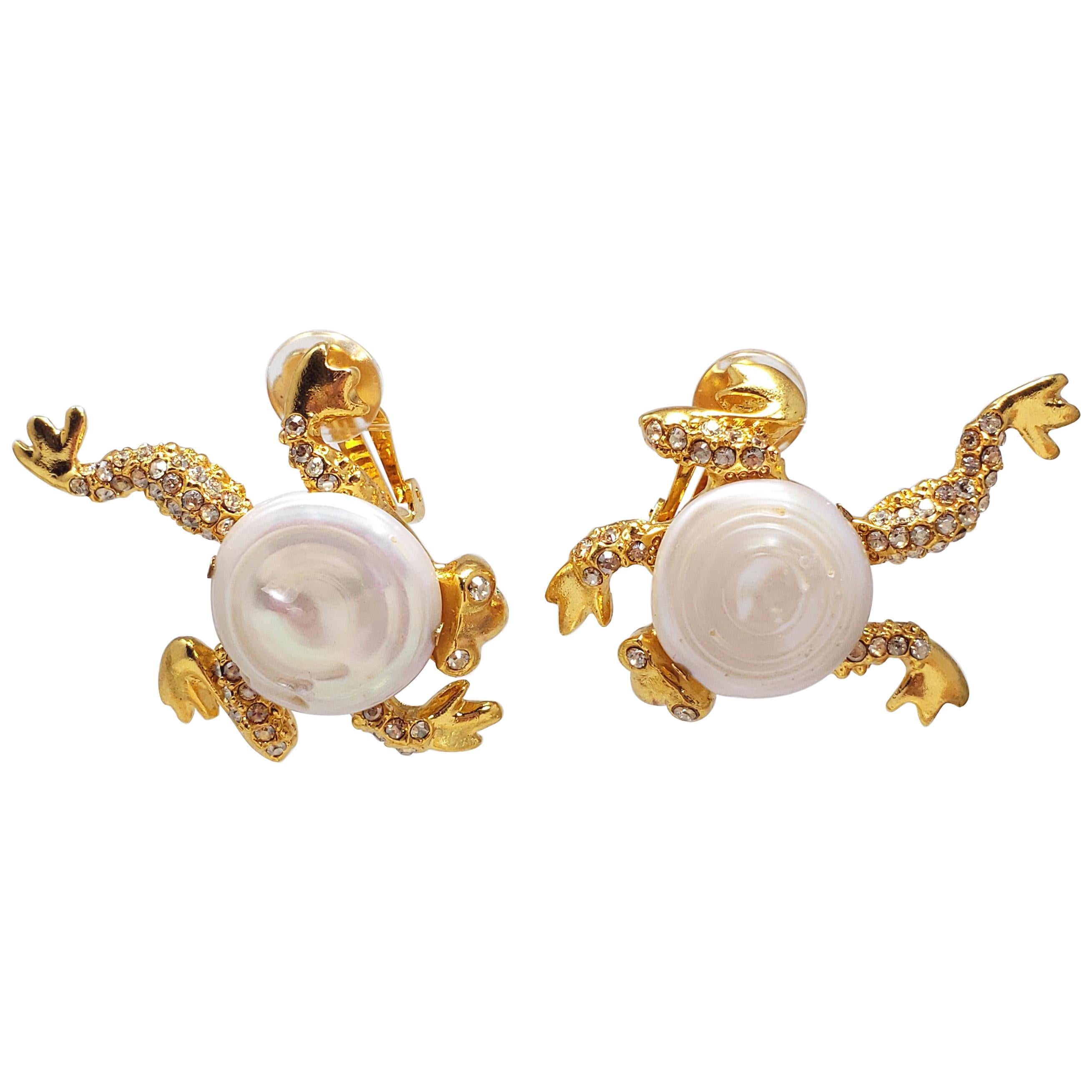 Oscar de la Renta Mother of Pearl Pave Crystal Frog Clip on Earrings in Gold For Sale