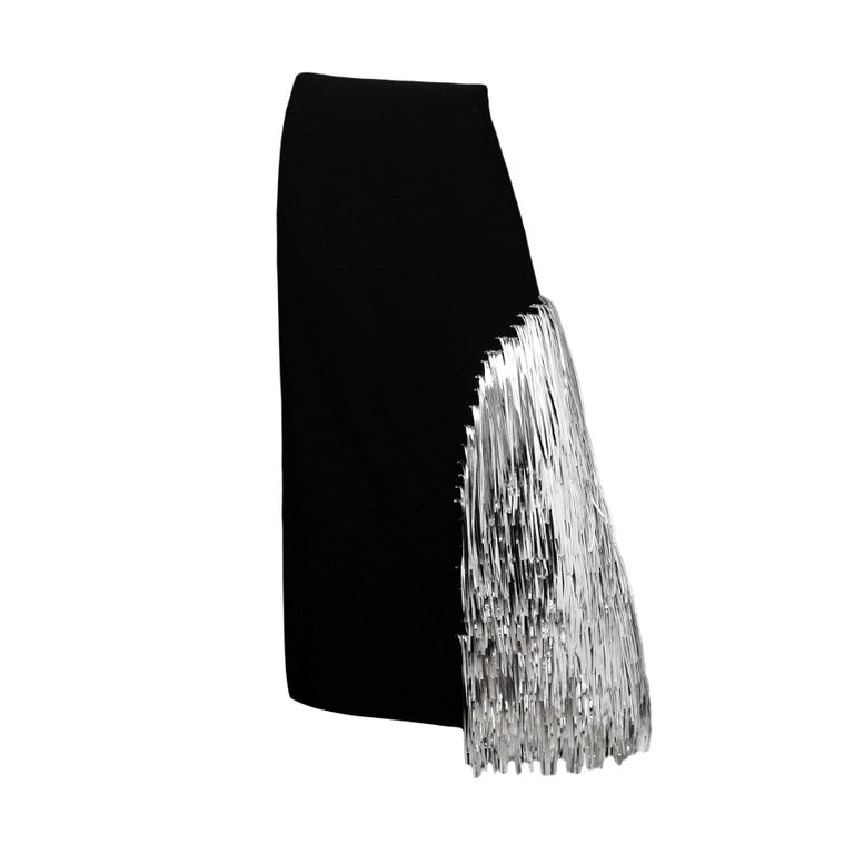 Loewe Black Silver Tassel Asymmetrical Fringe Crepe Midi Pencil Skirt IT42  For Sale at 1stDibs
