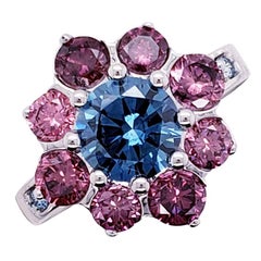 Flower Ring in 14k White Gold with Blue and pink Diamonds IGI Certified