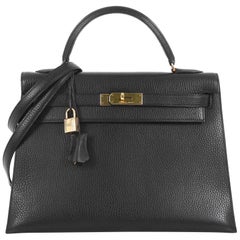 Hermes Kelly Handbag Noir Ardennes with Gold Hardware 32