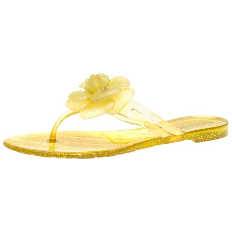 Chanel Glitter Jelly CC Camellia Flat Sandals Size 37 For Sale at 1stDibs