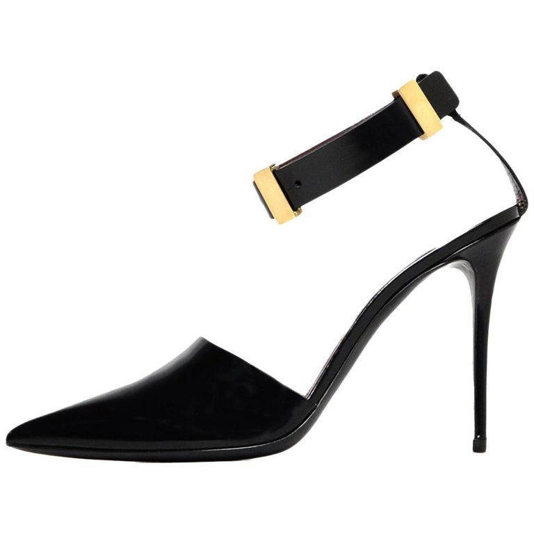 Celine NEW Black Glazed Leather Point Toe Heels W/ Ankle Strap Sz 39 ...