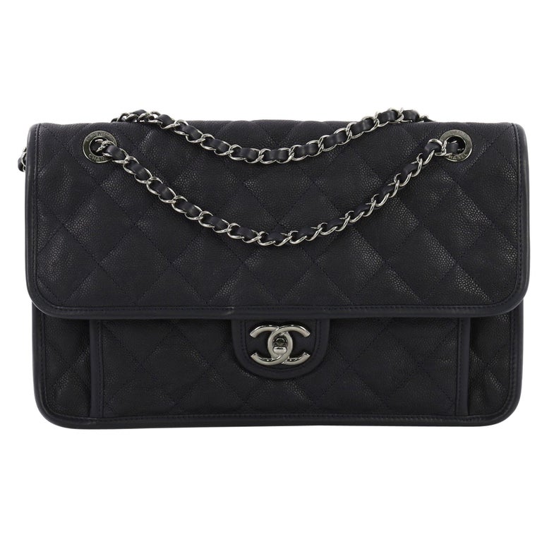 Chanel French Riviera Quilted Large Flap Bag Caviar Grey Silver