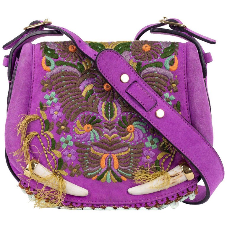 Roberto Cavalli Purple Suede Embroidered Floral Tusk Shoulder Bag For ...