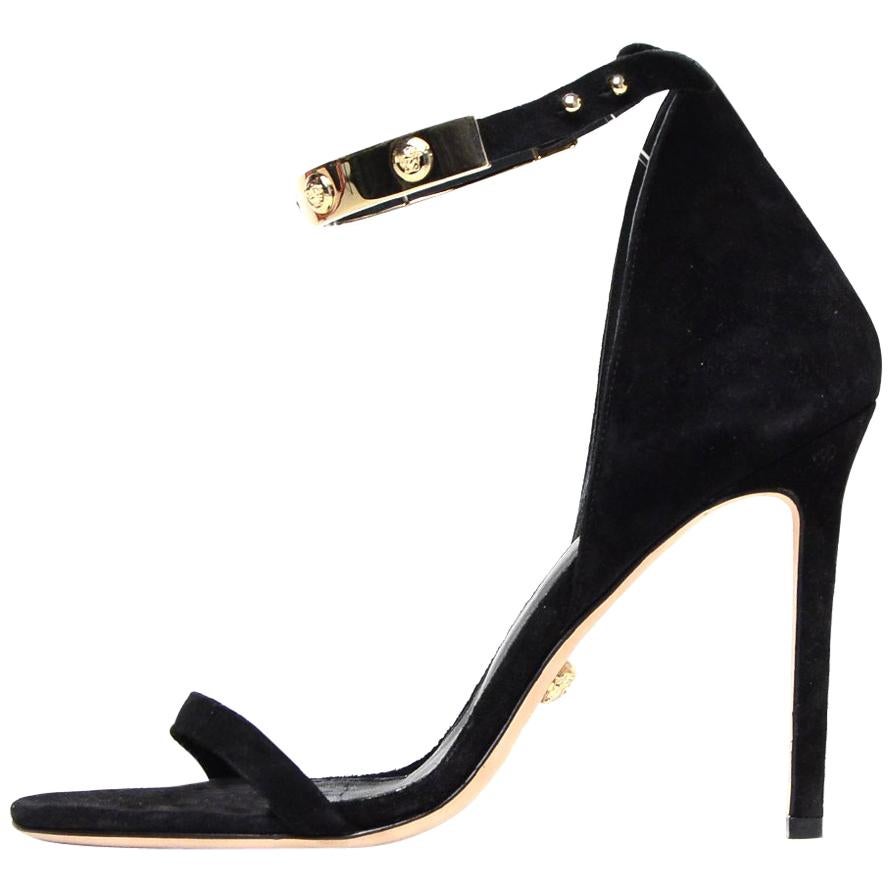 Versace Black Suede Sandals W/ Goldtone Metal Medusa Ankle Strap Sz 39
