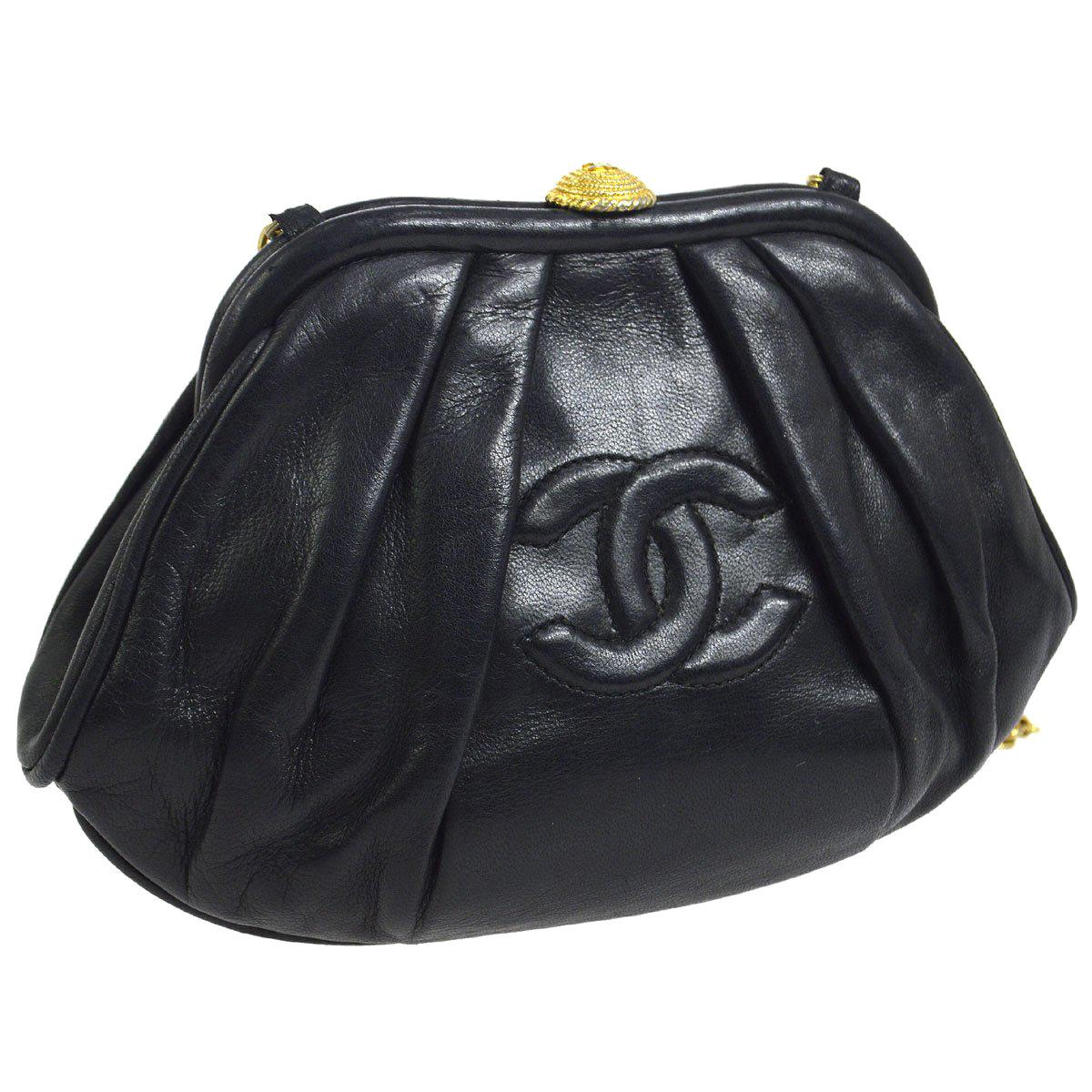 Chanel Black Leather Gold Kiss Lock Evening Small Mini Party Shoulder Bag