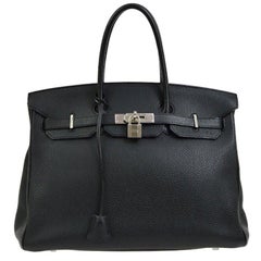 Retro Hermes Birkin 35 Black Leather Palladium Travel Carryall Top Handle Satchel Tote