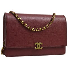 Retro Chanel Burgundy Red Leather Gold Wallet on Chain WOC Evening Shoulder Flap Bag