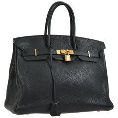 Retro Hermes Birkin 35 Black Leather Gold Travel Carryall Top Handle Satchel Tote